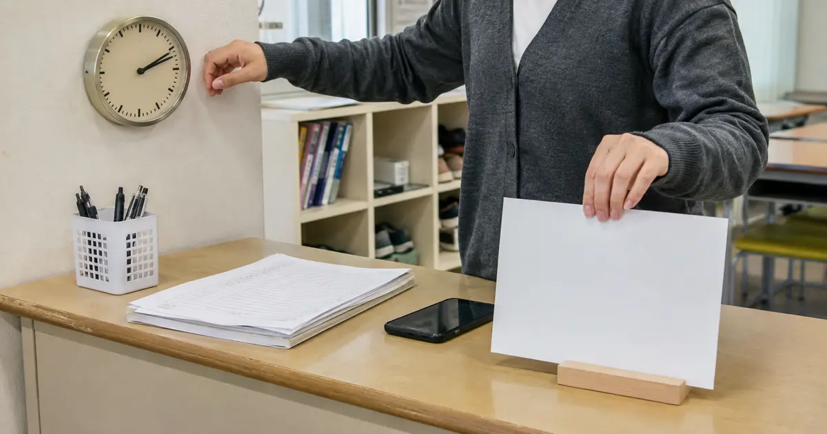 教室の受付で、時計を確認しながら欠席連絡の案内を整える先生の手元。